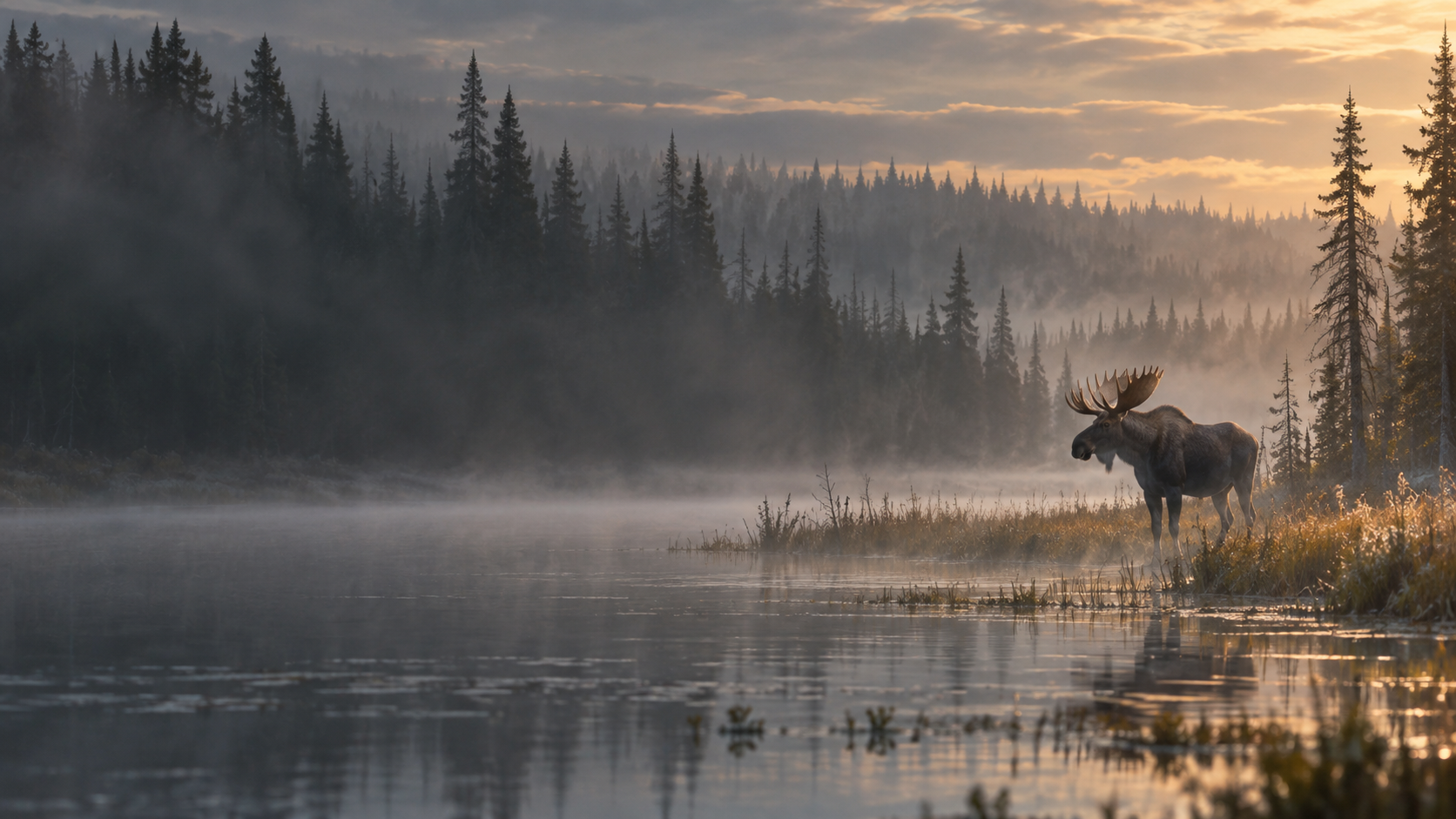 Moose at the edge of an Ontario wetland in the misty morning light